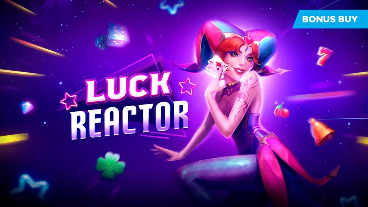 Tampilan layar permainan slot Luck Reactor oleh Evoplay dengan latar belakang futuristik neon dan simbol-simbol klasik.