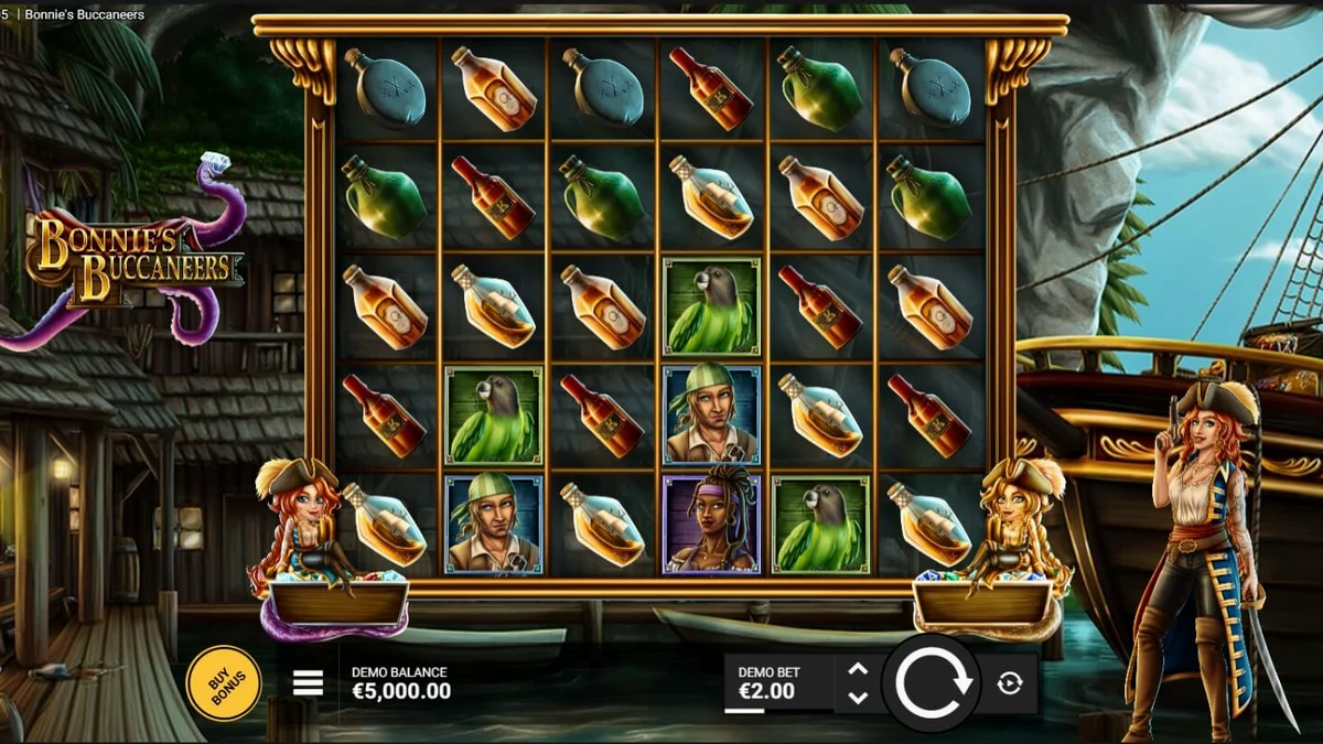 Tampilan visual slot Bonnie’s Buccaneers dengan tema bajak laut dan harta karun.